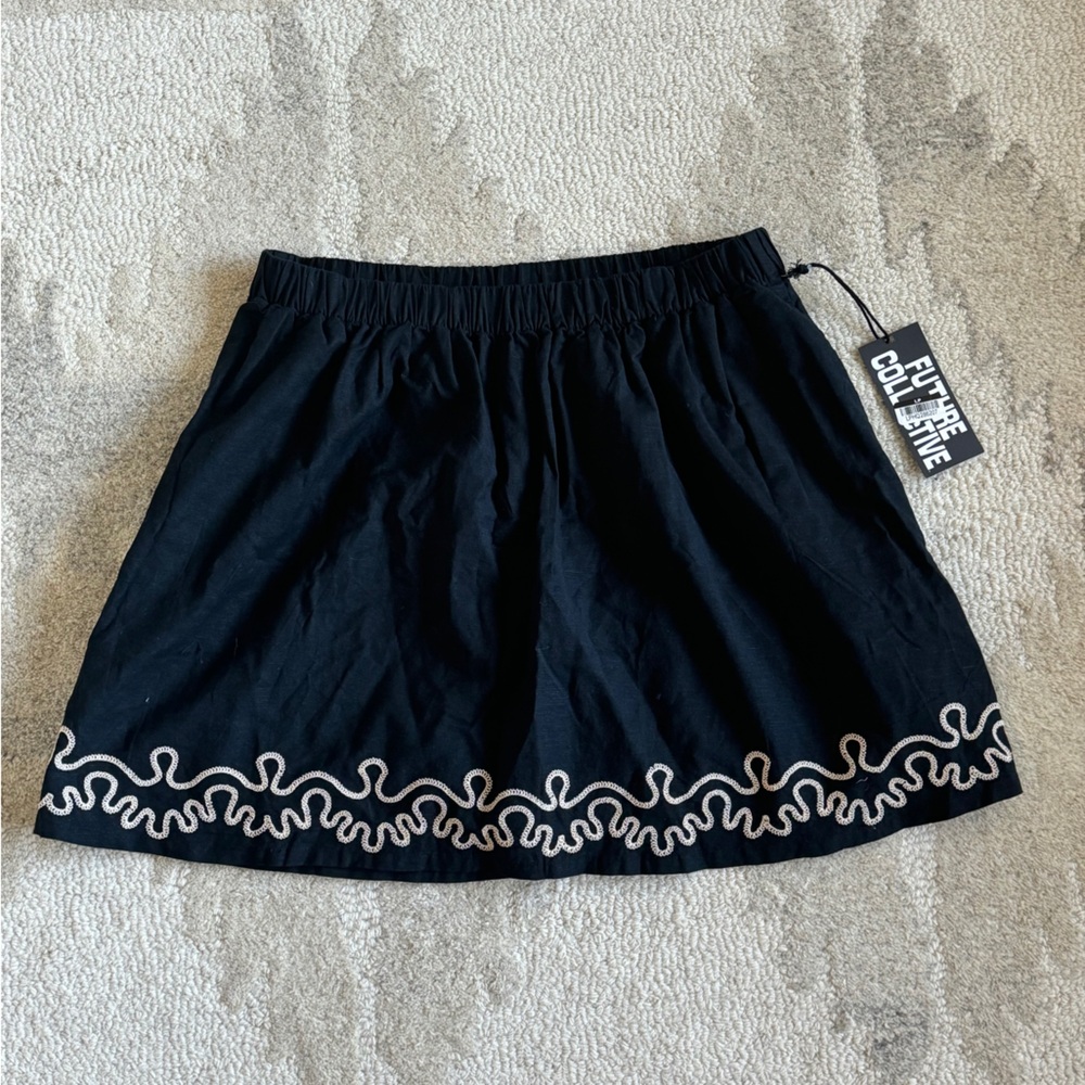 NWT Future Collective Black Skirt with White Embroidery